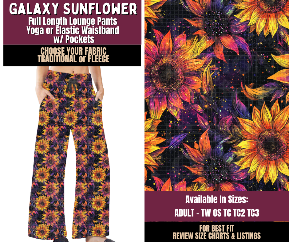 Preorder! Closes 11/11. ETA Feb. Galaxy Sunflower Lounge Pants Choose Fleece or Traditional
