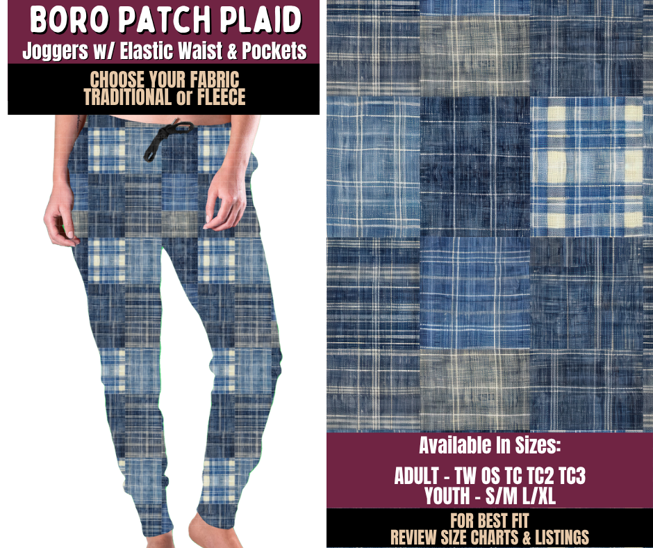 Preorder! Closes 11/11. ETA Feb. Boro Patch Plaid Joggers Choose Fleece or Traditional