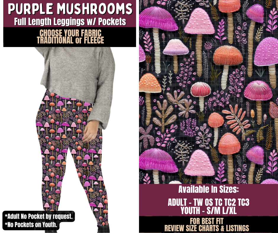 Preorder! Closes 11/11. ETA Feb. Purple Mushrooms Leggings Choose Fleece or Traditional