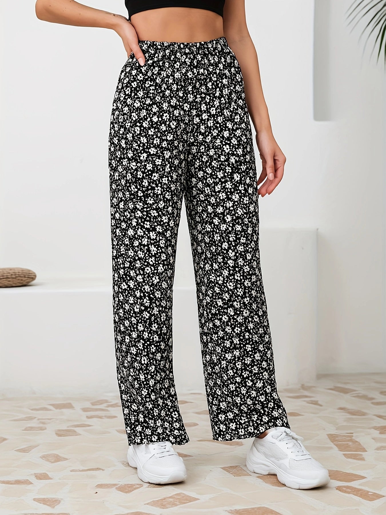 Floral Straight-Leg Pants – High-Waisted Flowy Wide-Leg Pants