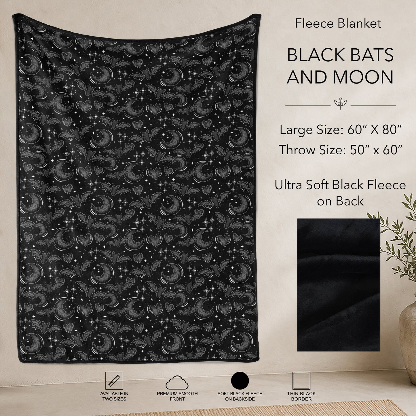 B304 - Pre-Order Black Bats and Moon Fleece Blanket (Closes 7/31. ETA: early Oct)