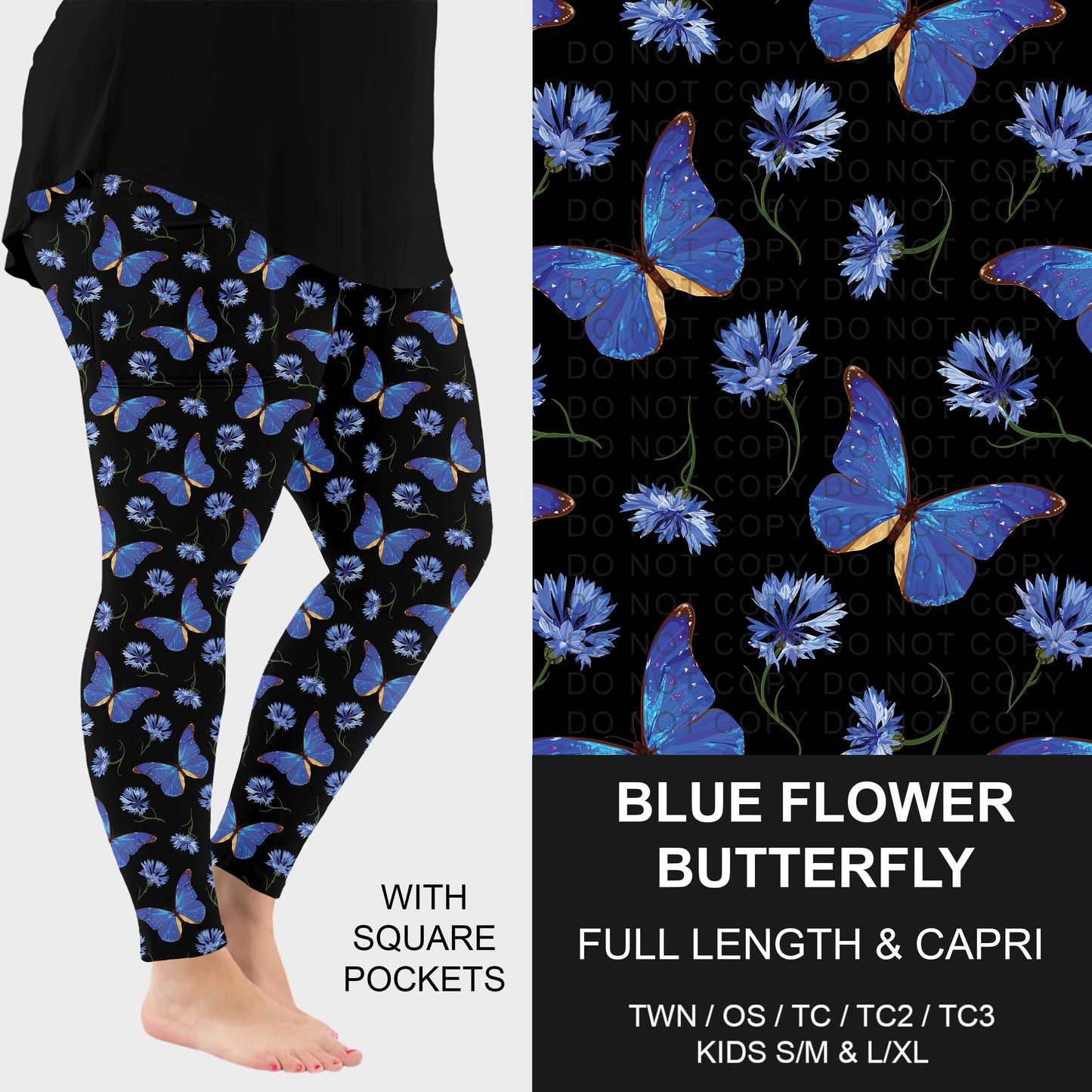 B314 - Preorder Blue Flower Butterfly Leggings w/ Pockets (Closes 9/27. ETA: late Nov.)