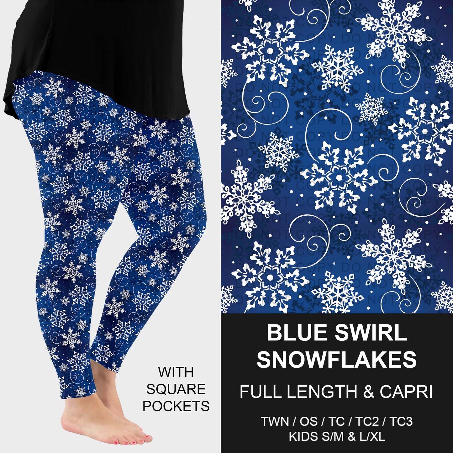 B313 - Preorder Blue Swirl Snowflakes Leggings w/ Pockets (Closes 9/20. ETA: late Nov.)