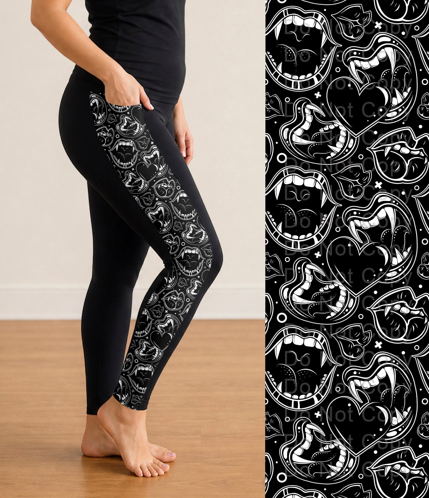 RTS - BW Vampire Fangs Side Panel Leggings with Pockets
