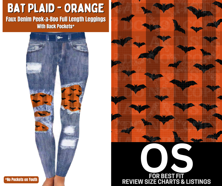 Bat Plaid - Orange Faux Denim Full Length Peekaboo Leggings