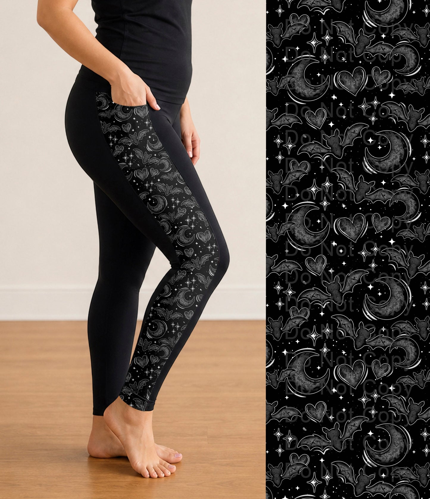 RTS - Black Bats and Moon Side Panel Leggings with Pockets