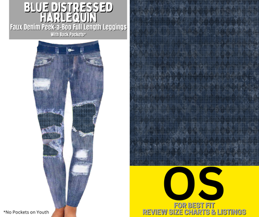 Blue Distressed Harlequin Faux Denim Full Length Peekaboo Leggings
