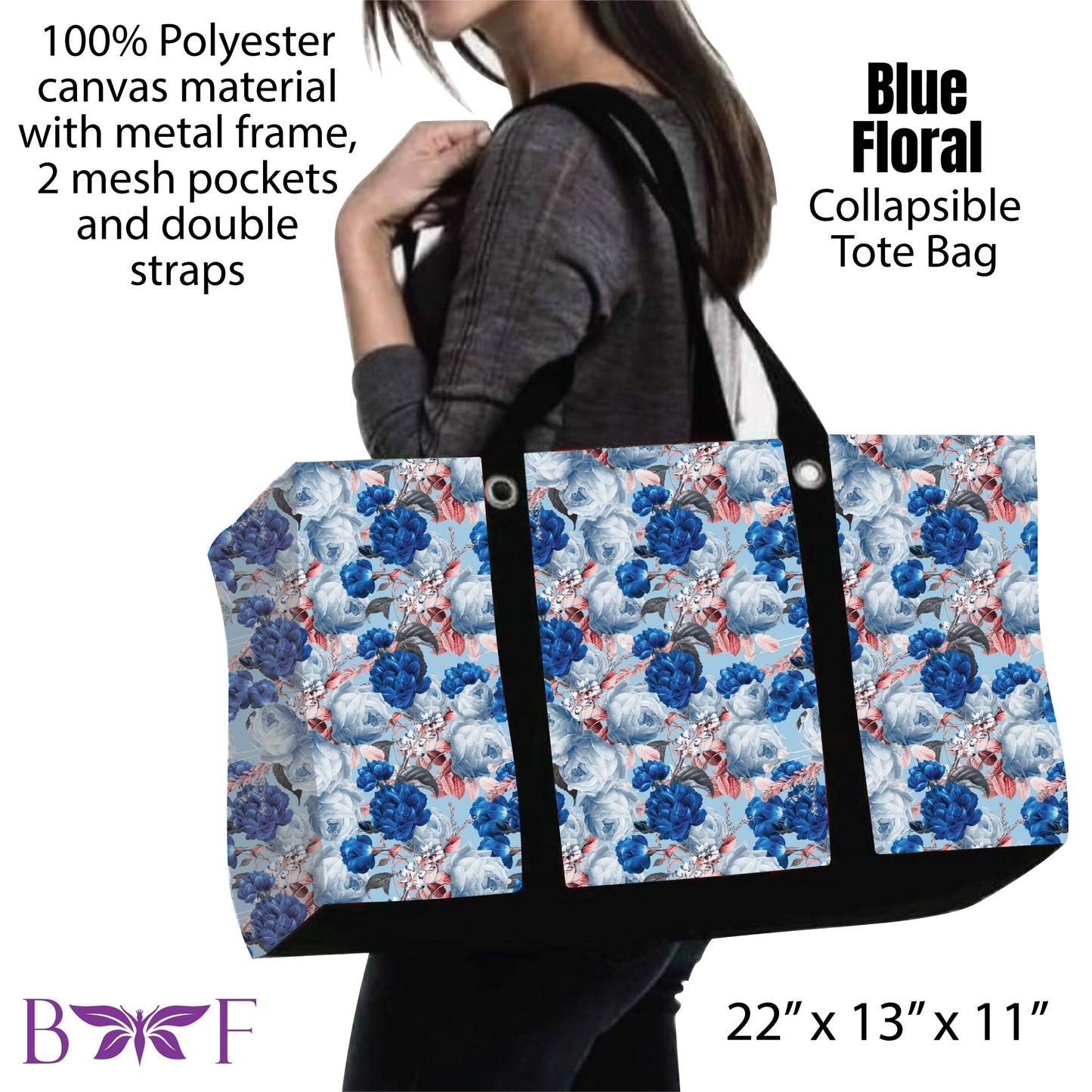 Blue Floral tote and 2 inside mesh pockets
