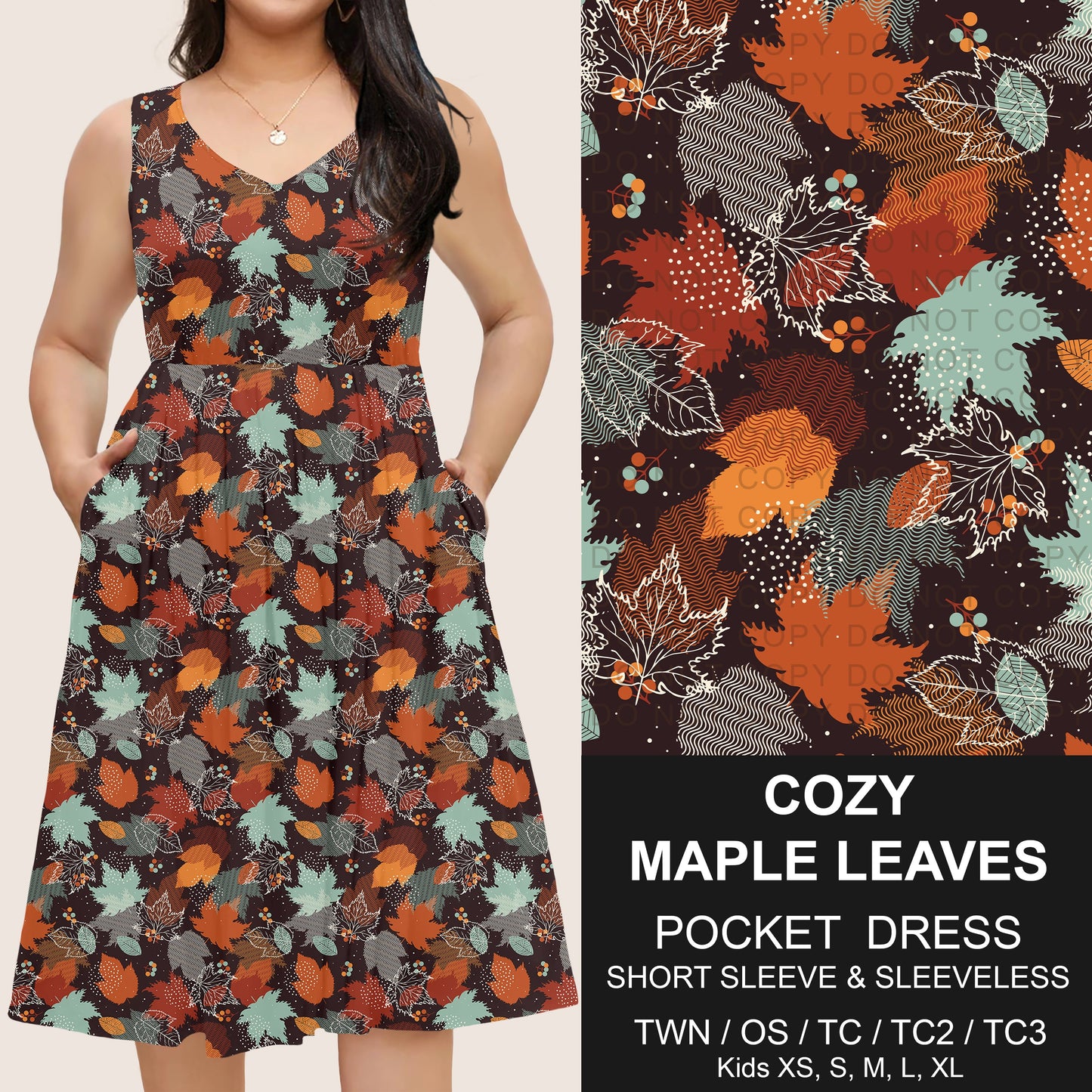 B302 - Preorder Cozy Maple Leaves Pocket Dress (Closes 7/24. ETA: early Oct)