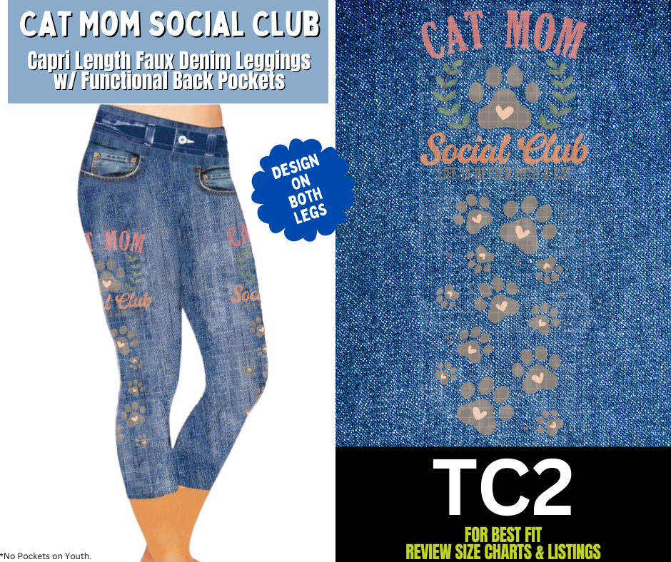 Cat Mom Social Club Capri Faux Denim w/ Side Leg Designs