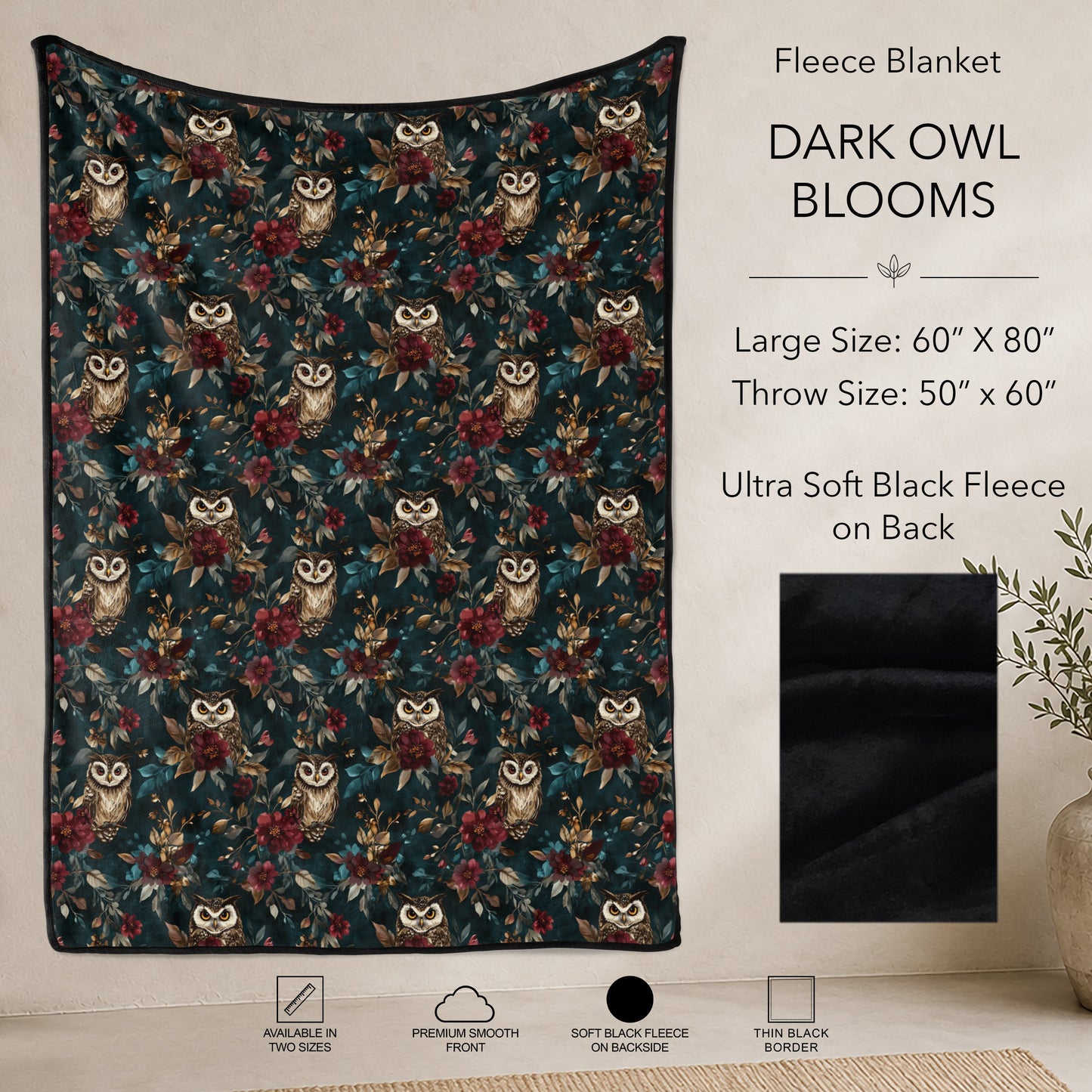 B304 - Pre-Order Dark Owl Blooms Fleece Blanket (Closes 7/31. ETA: early Oct)