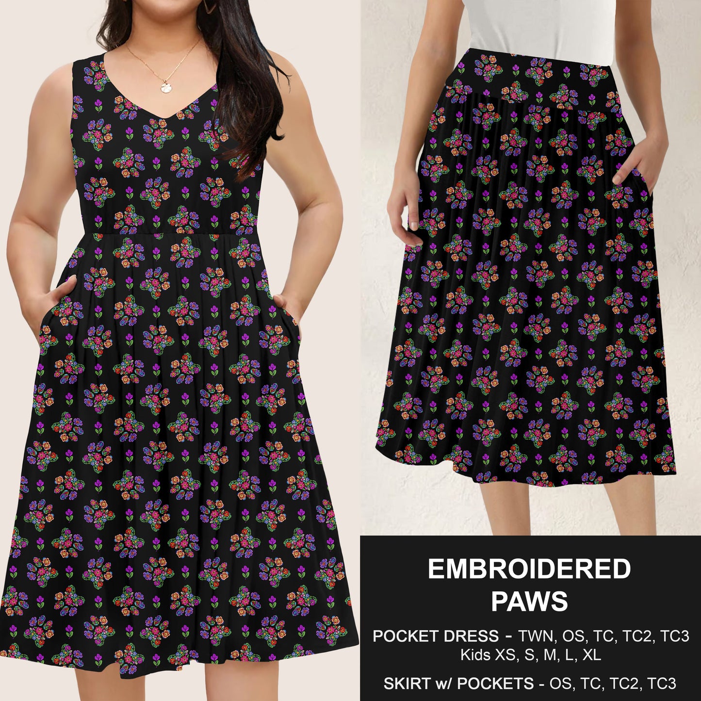 B285 - Preorder Embroidered Paws Dress/Skirt with Pockets (Closes 4/15. ETA: mid June)