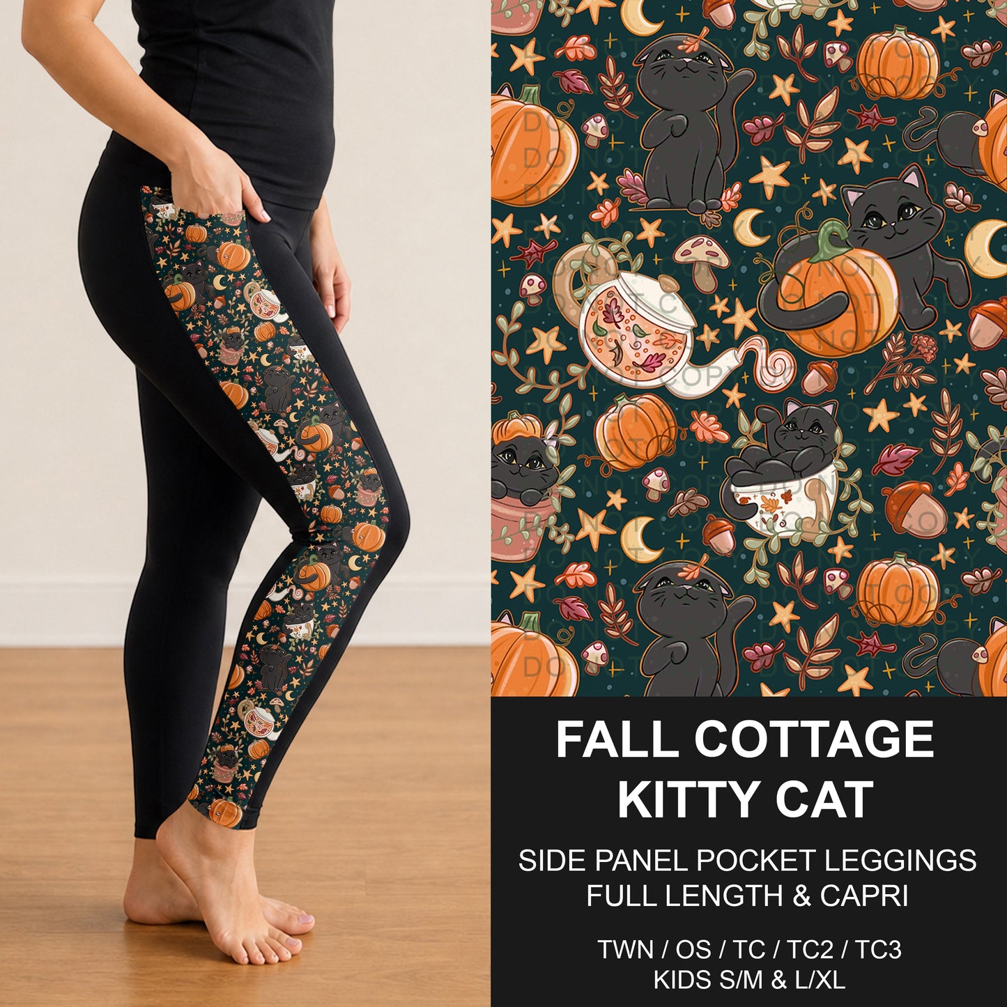 B299 - Preorder Fall Cottage Kitty Cat Side Panel Pocket Leggings (Closes 7/12. ETA: mid Sept.)