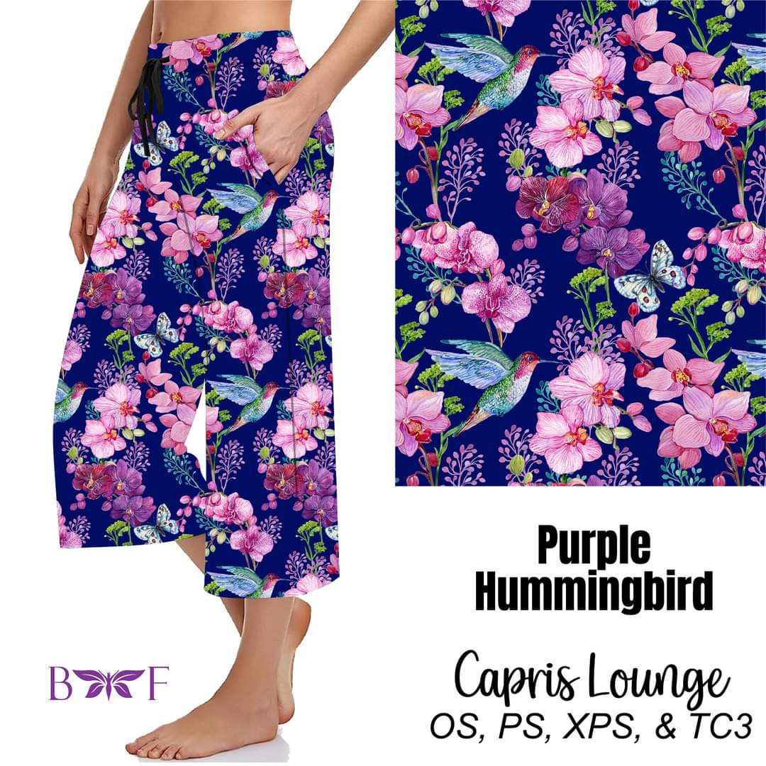 Purple Hummingbird capris, capri lounge and Shorts