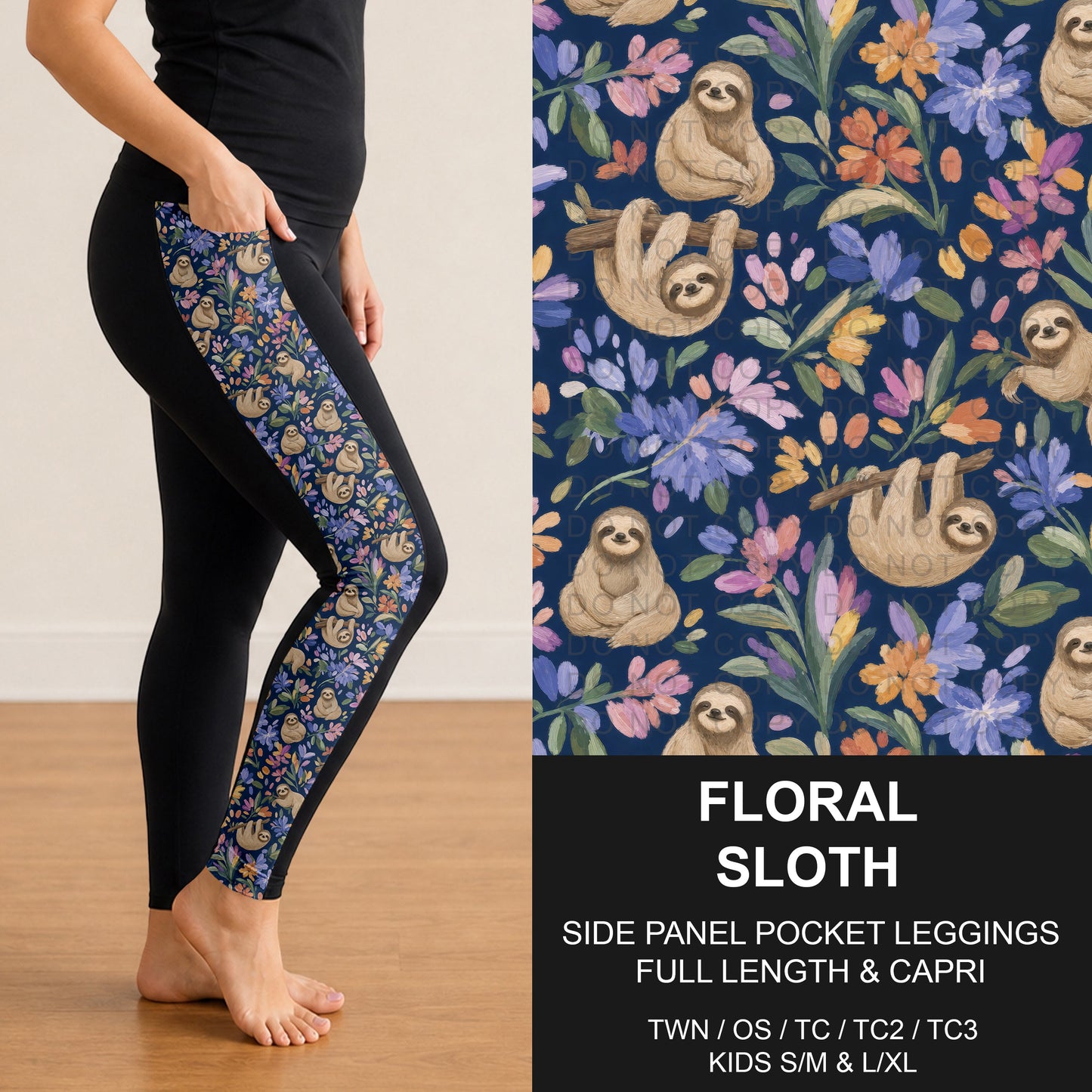 B317 - Preorder Floral Sloth Side Panel Pocket Leggings (Closes 10/18. ETA: late Dec.)