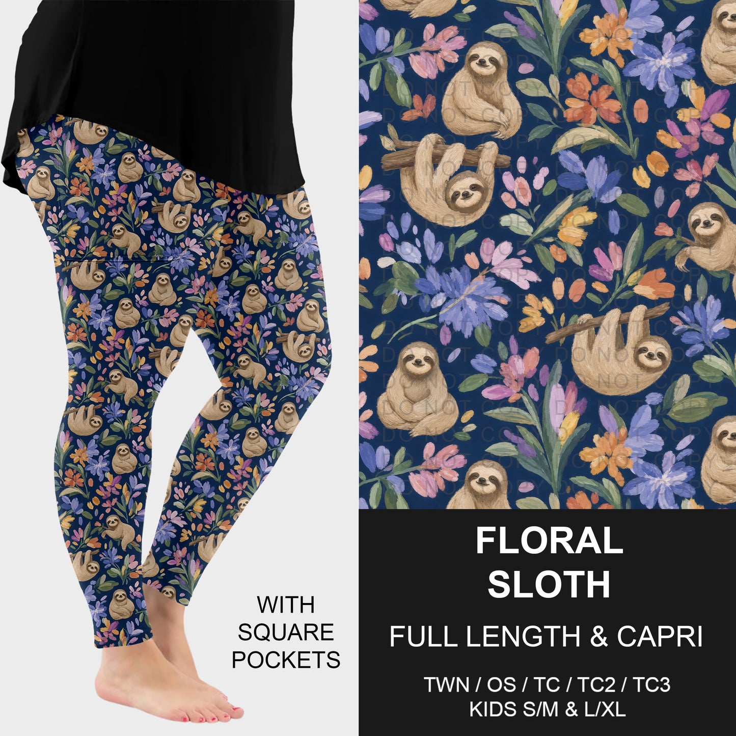 B317 - Preorder Floral Sloth Leggings w/ Pockets (Closes 10/18. ETA: late Dec.)