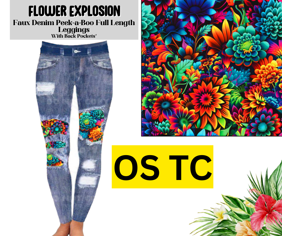 Flower Explosion Faux Denim Full Length Peekaboo Leggings
