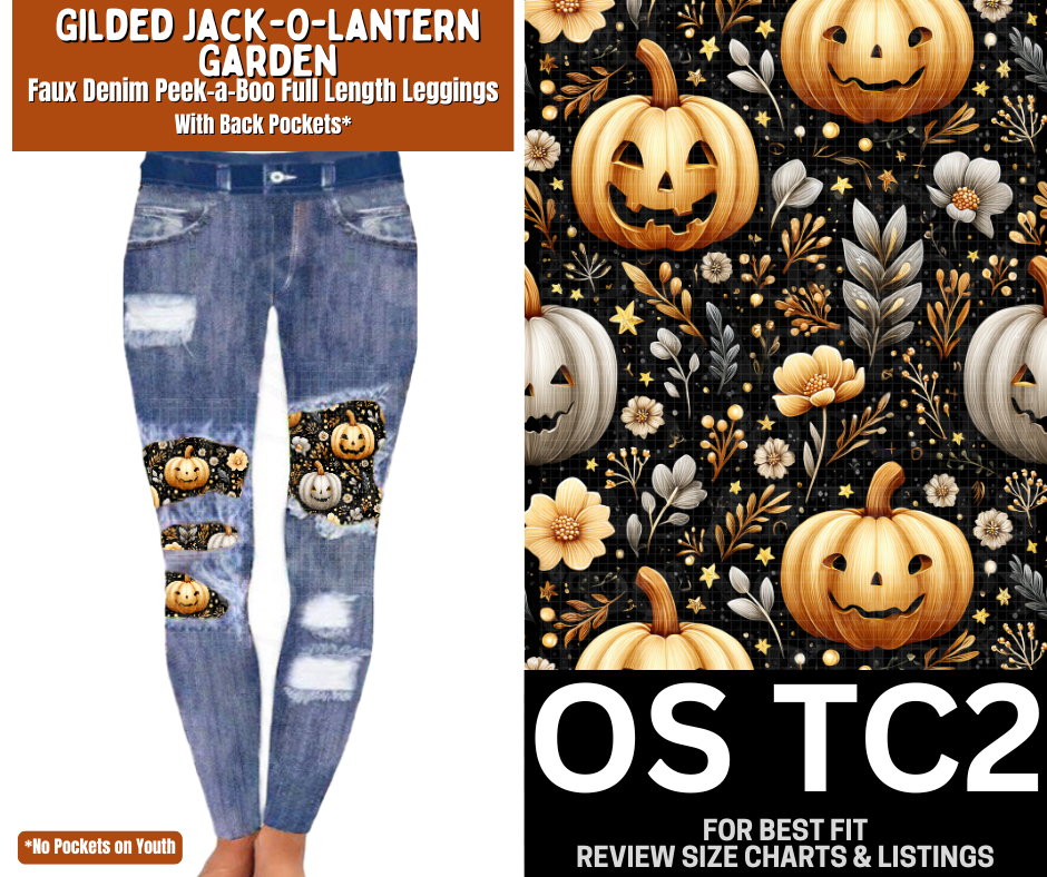 Gilded Jack-O-Lantern Faux Denim Full Length Peekaboo Leggings