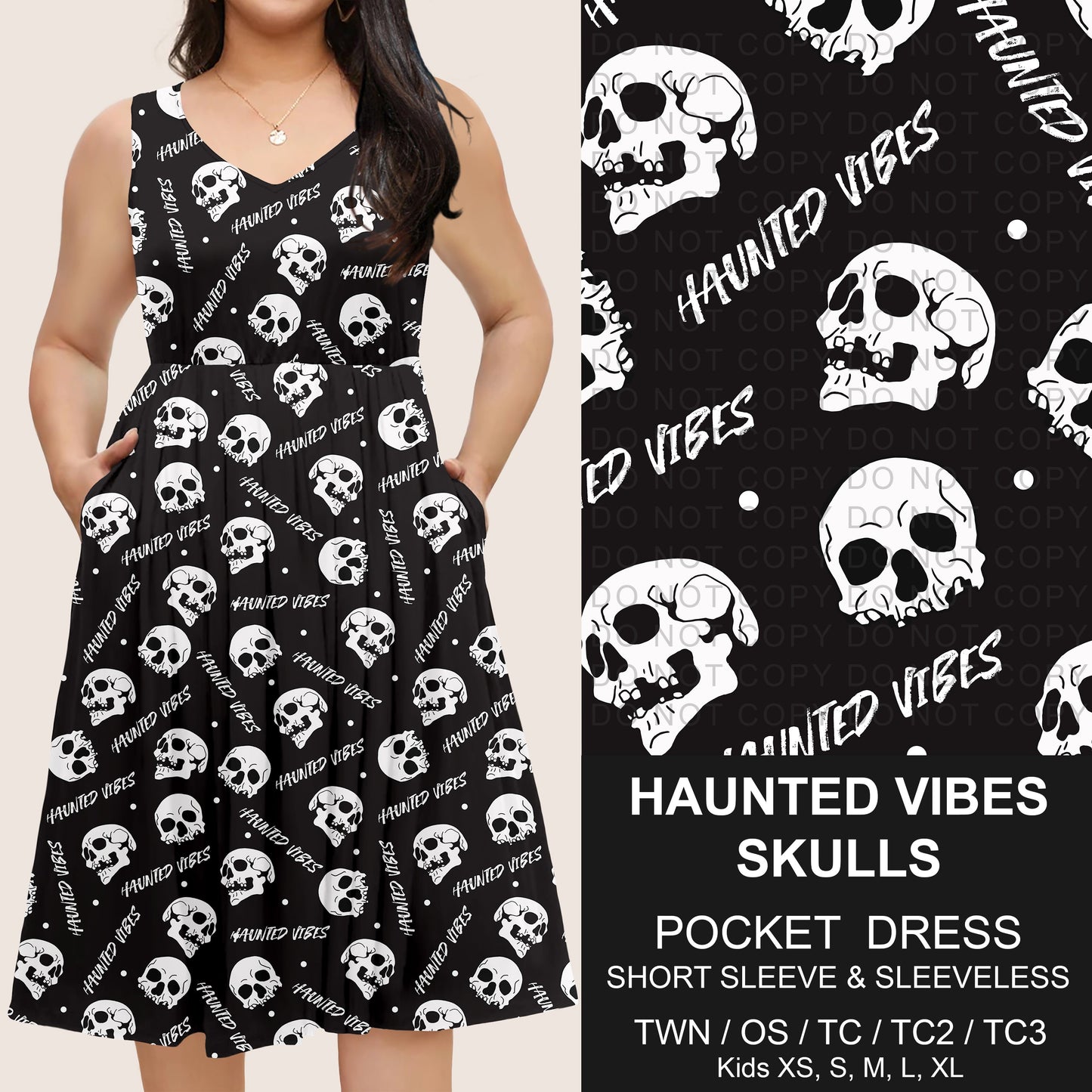 B302 - Preorder Haunted Vibes Skulls Pocket Dress (Closes 7/24. ETA: early Oct)