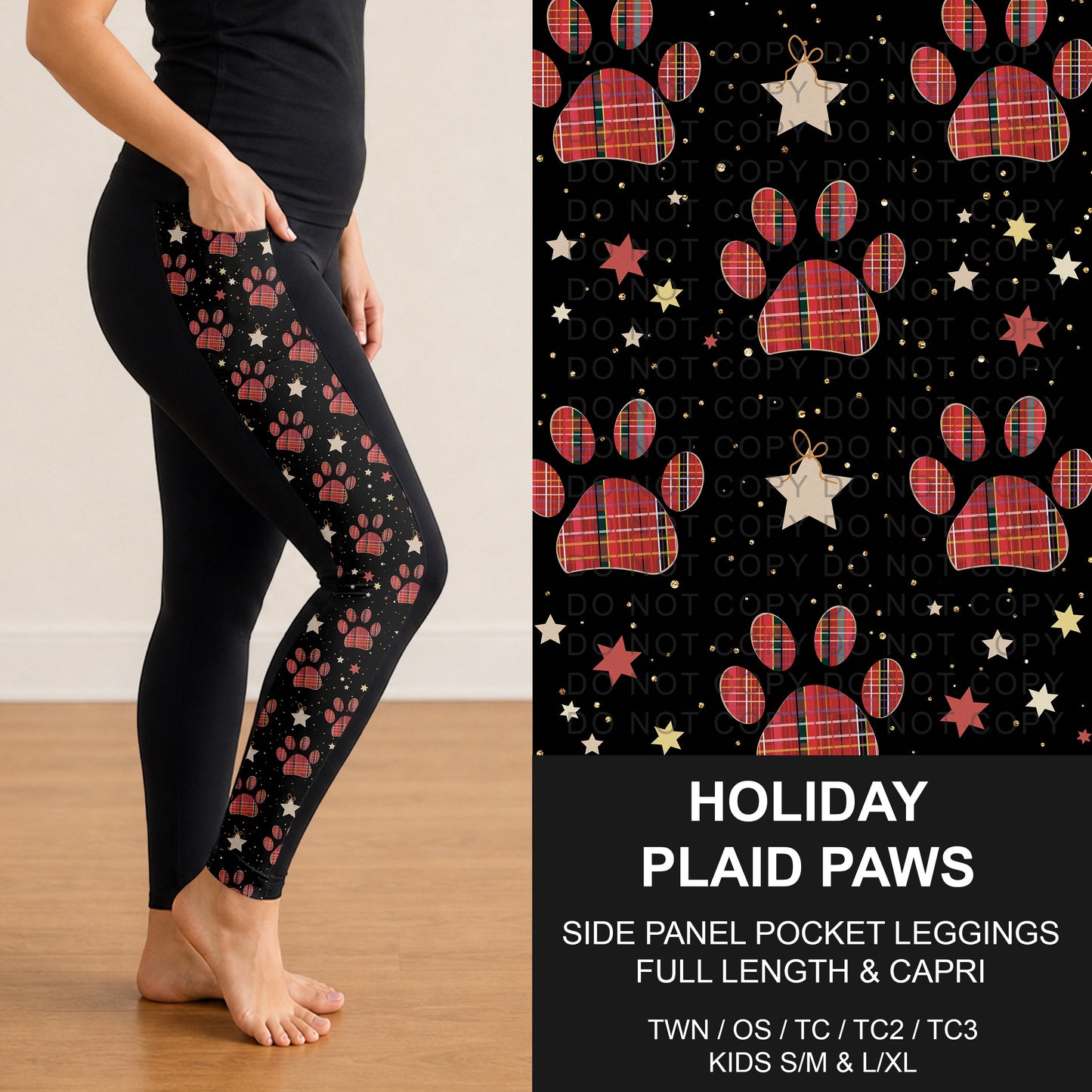 B303 - Preorder Holiday Plaid Paws Side Panel Pocket Leggings (Closes 7/26. ETA: early Oct.)
