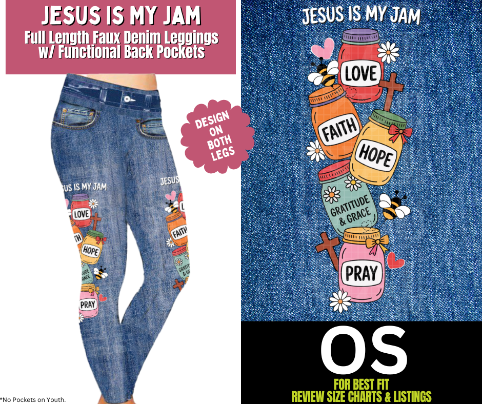 Jesus Is My Jam Full Length Faux Denim w/ Side Leg Designs