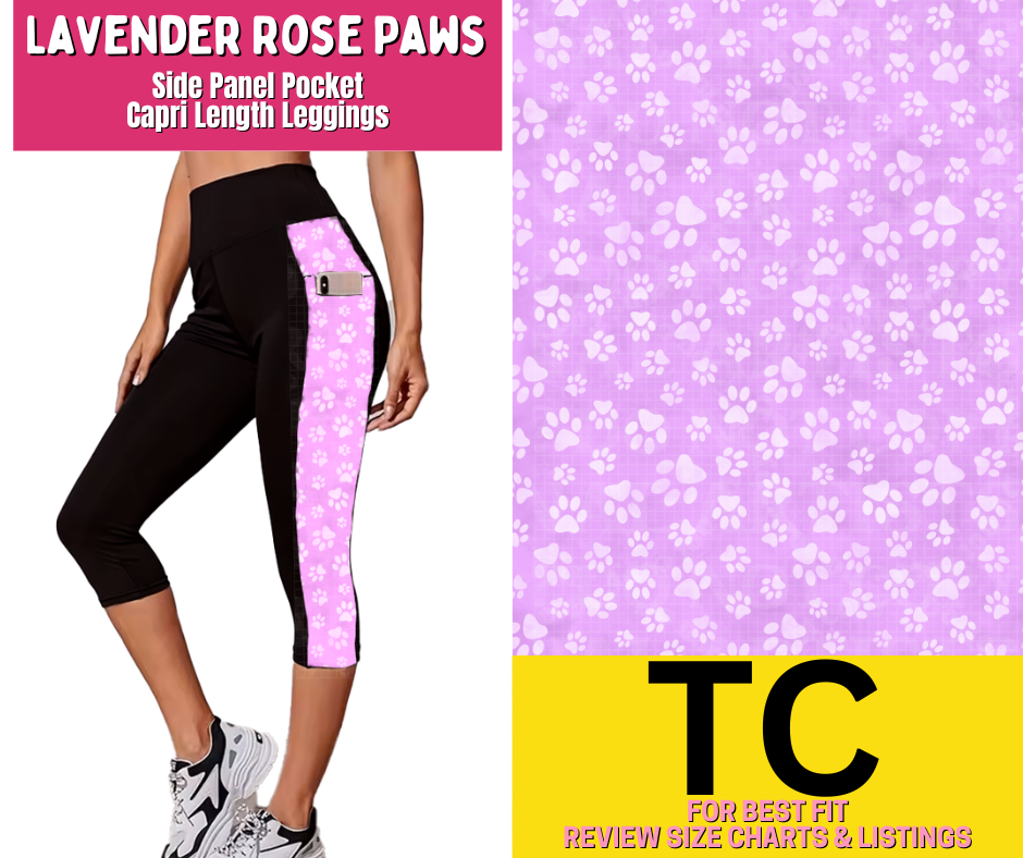 Lavender Rose Paws Side Panel Pocket Capri Length Leggings