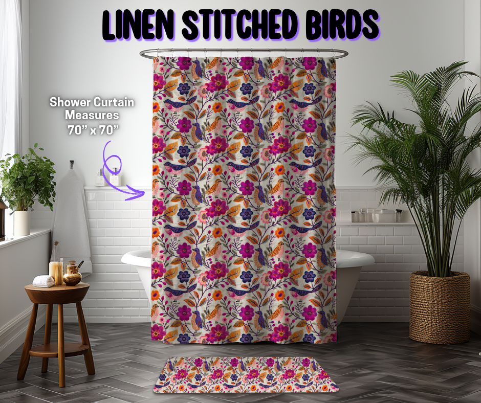 Linen Stitched Birds Custom Shower Curtain