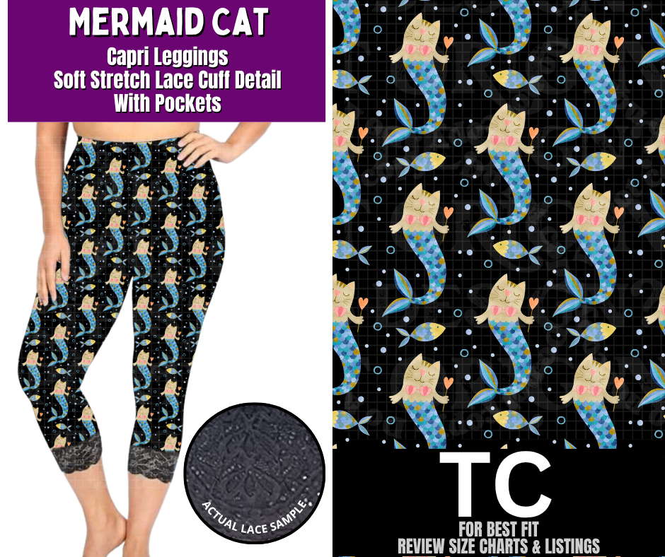 Mermaid Cat Lace Cuff Capris w/ Pockets