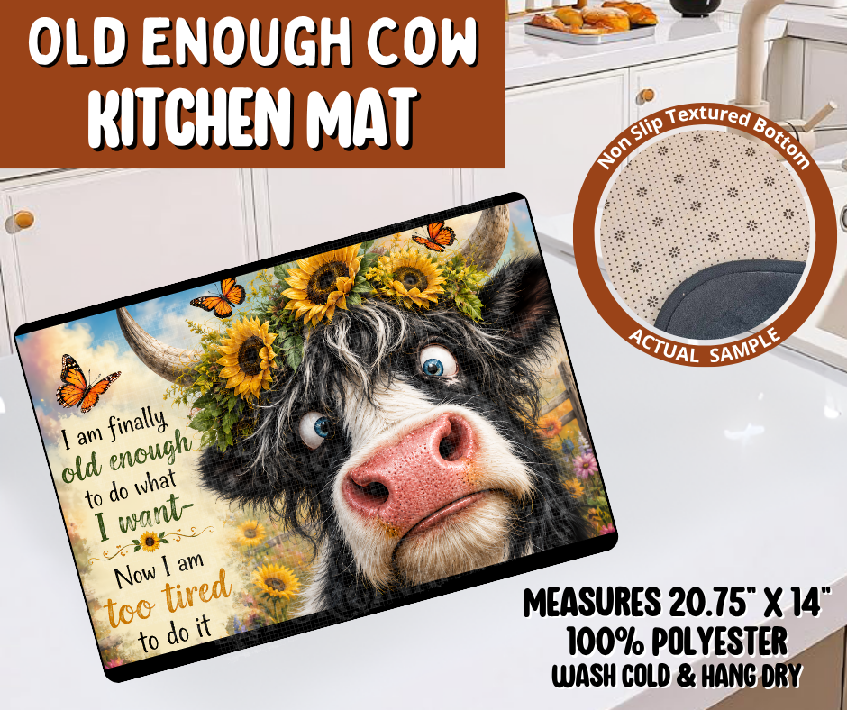 Preorder! Closes 10/19. ETA Jan. Old Enough Cow Kitchen Mat