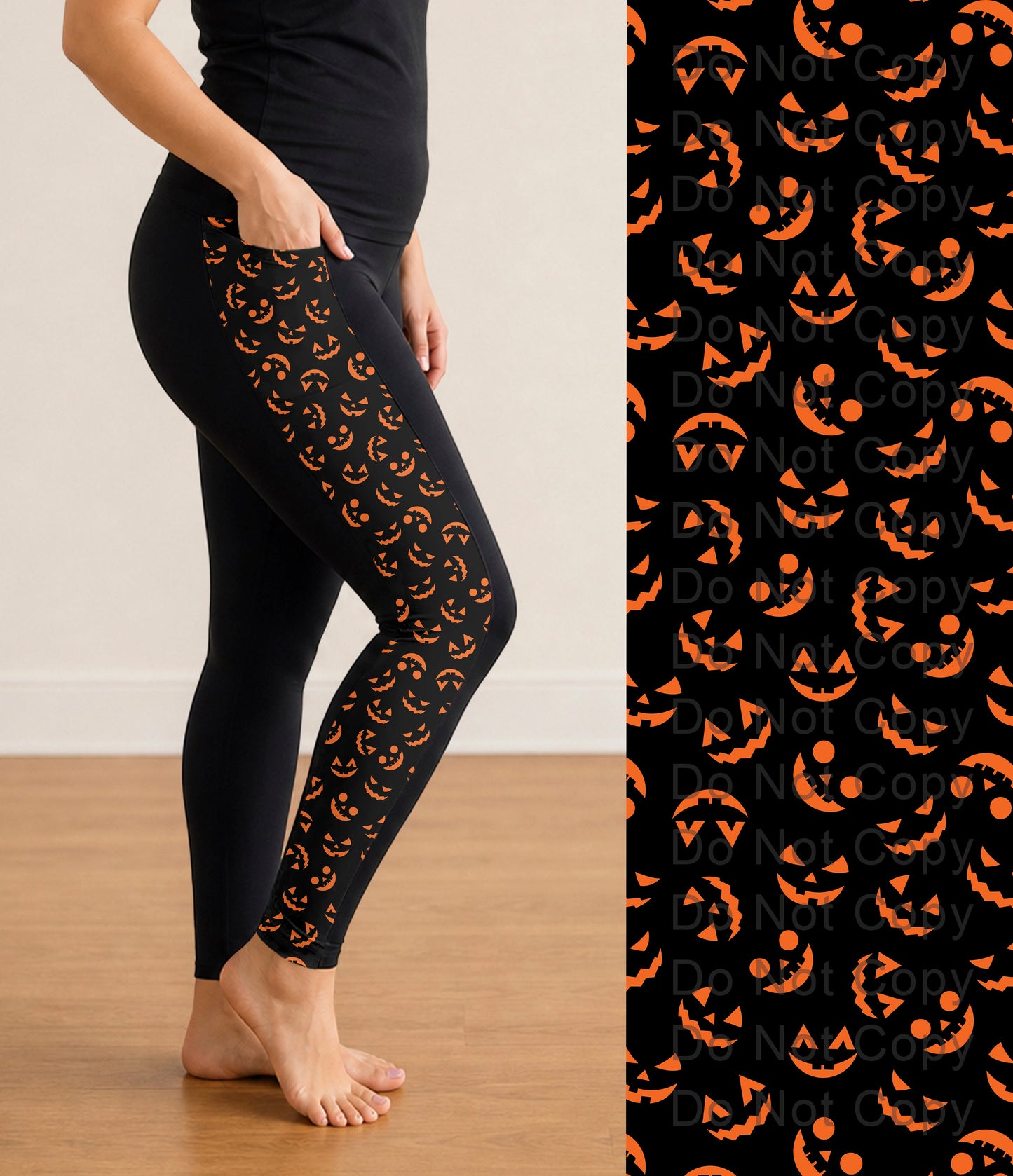 RTS - Orange Pumpkin Faces Halloween Side Panel Leggings with Pockets