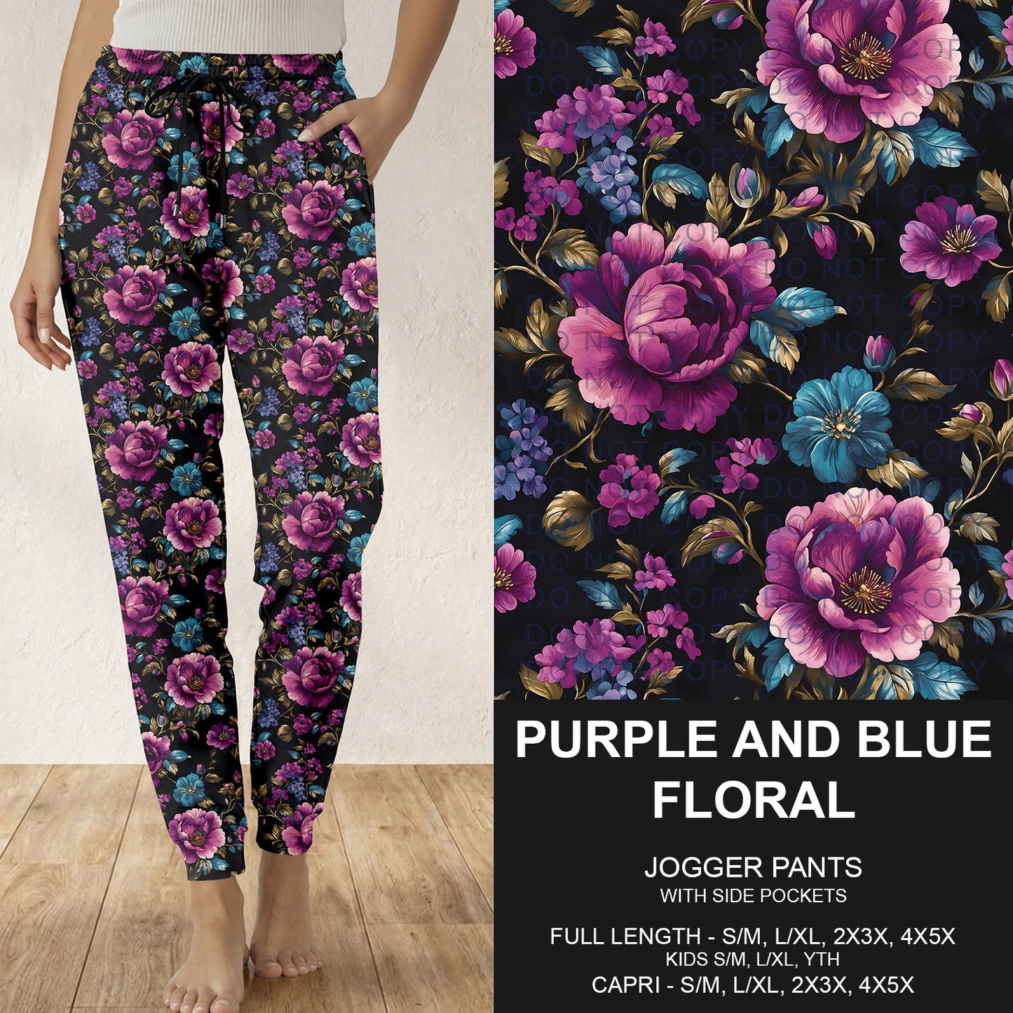 B314 - Preorder Purple and Blue Floral Joggers (Closes 9/27. ETA: late Nov.)