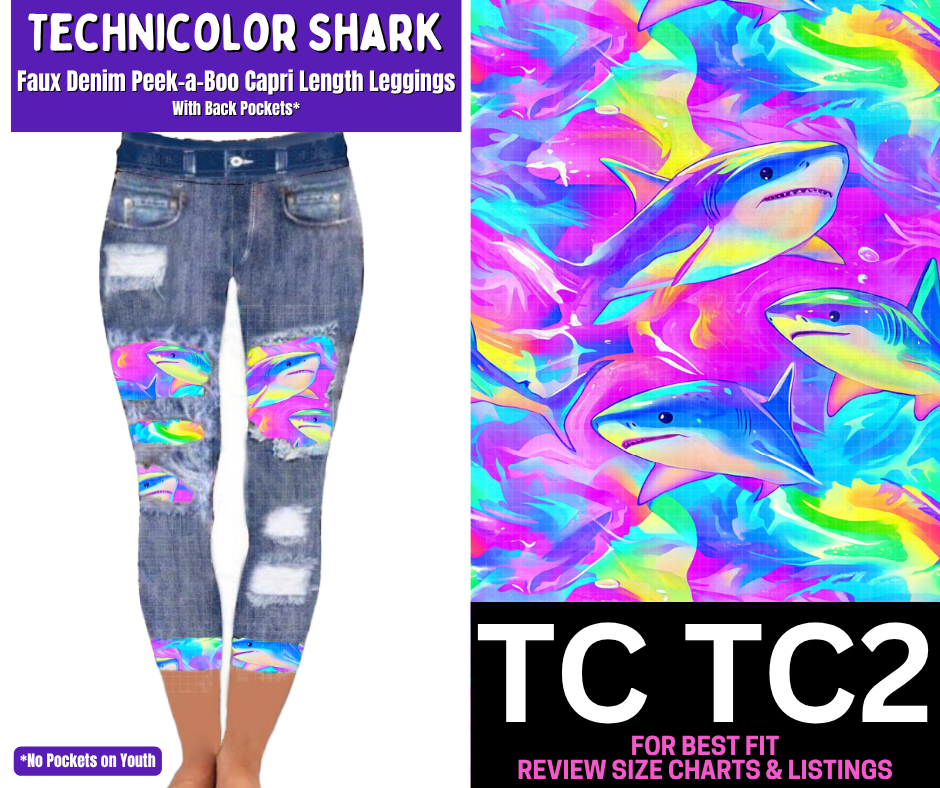 Technicolor Shark Capri Faux Denim Peekaboo