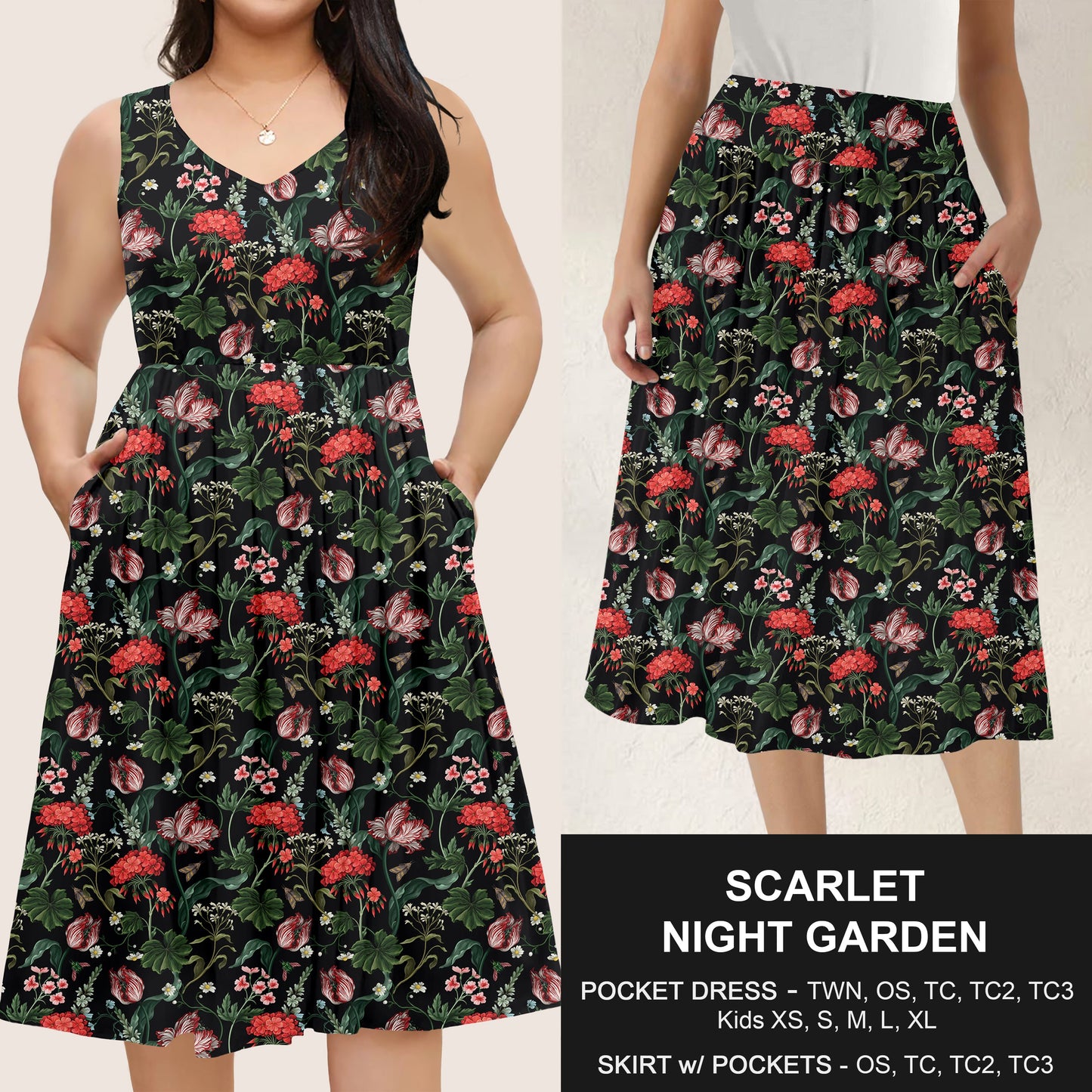 B285 - Preorder Scarlet Night Garden Dress/Skirt with Pockets (Closes 4/15. ETA: mid June)