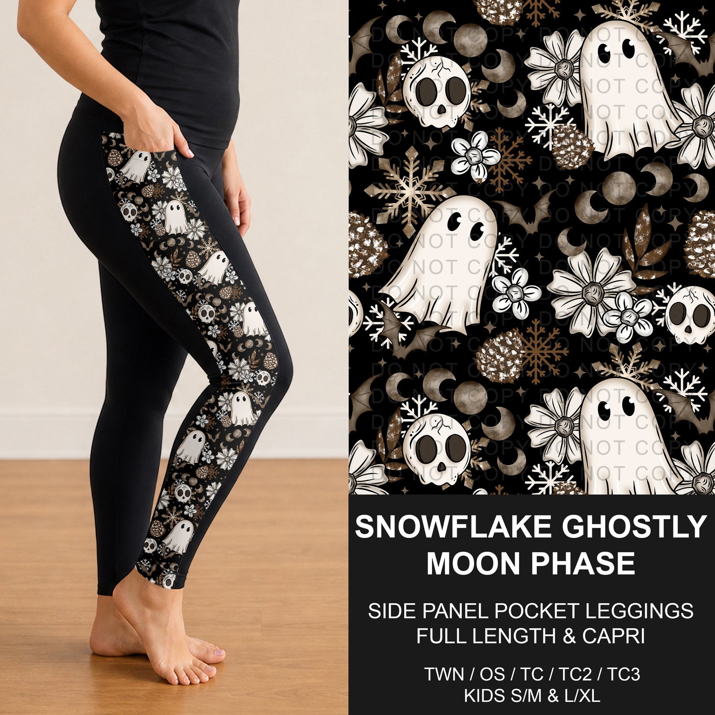 B303 - Preorder Snowflake Ghostly Moon Phase Side Panel Pocket Leggings (Closes 7/26. ETA: early Oct.)