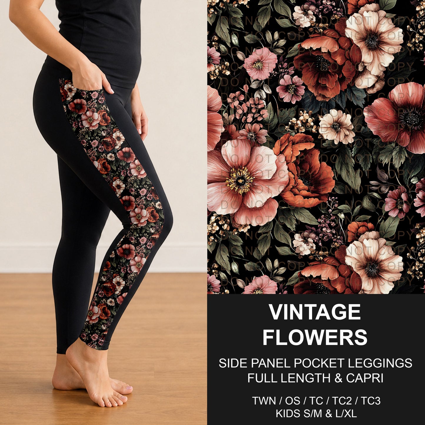 B314 - Preorder Vintage Flowers Side Panel Pocket Leggings (Closes 9/27. ETA: late Nov.)
