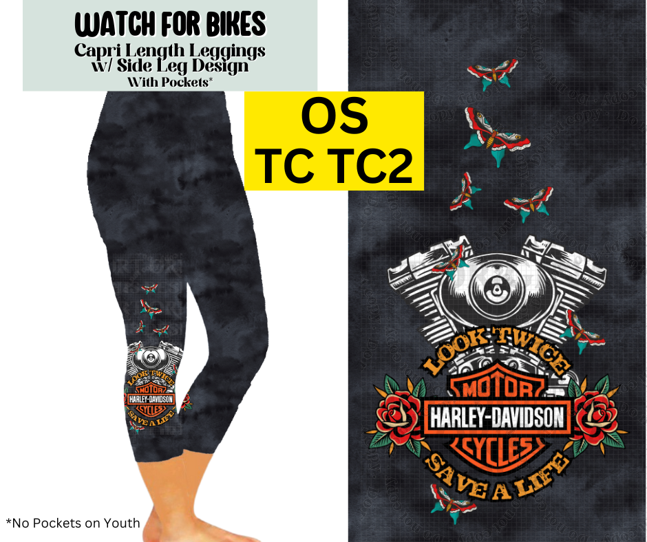 Watch For Bikes Capri Leggings w/ Side Leg Designs