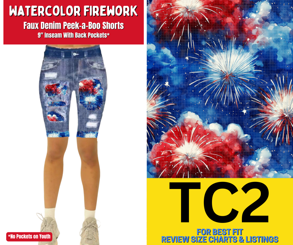 Watercolor Firework Faux Denim Peekaboo Jamaica Shorts