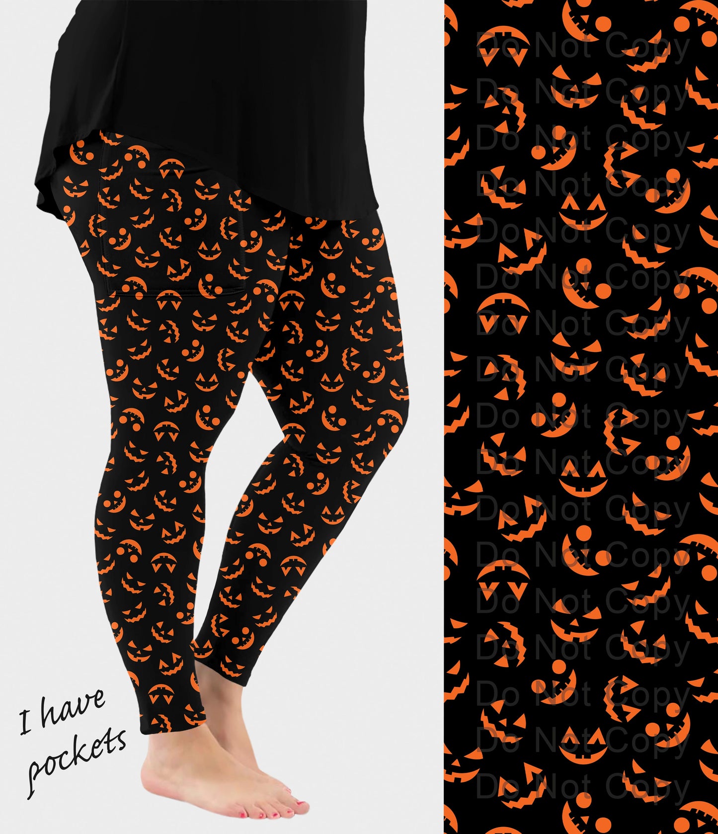 RTS - Orange Pumpkin Faces Halloween Leggings with Pockets