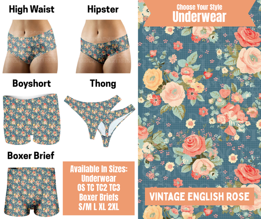 Preorder! Closes 11/5. ETA Feb. Vintage English Rose Hipster, High Waist, Boyshort, & Thong Underwear & Boxer Briefs