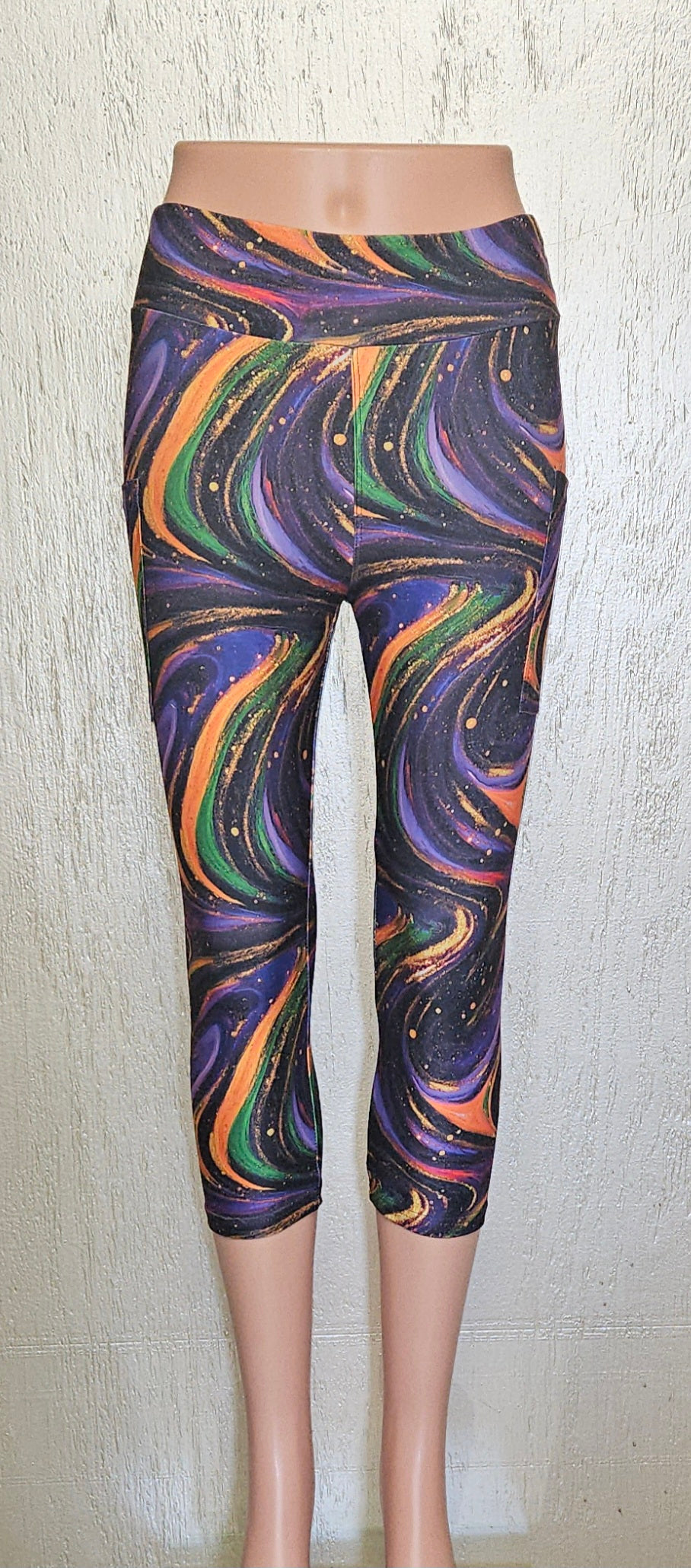 Purple, Green and Gold marble capris and skorts with pockets