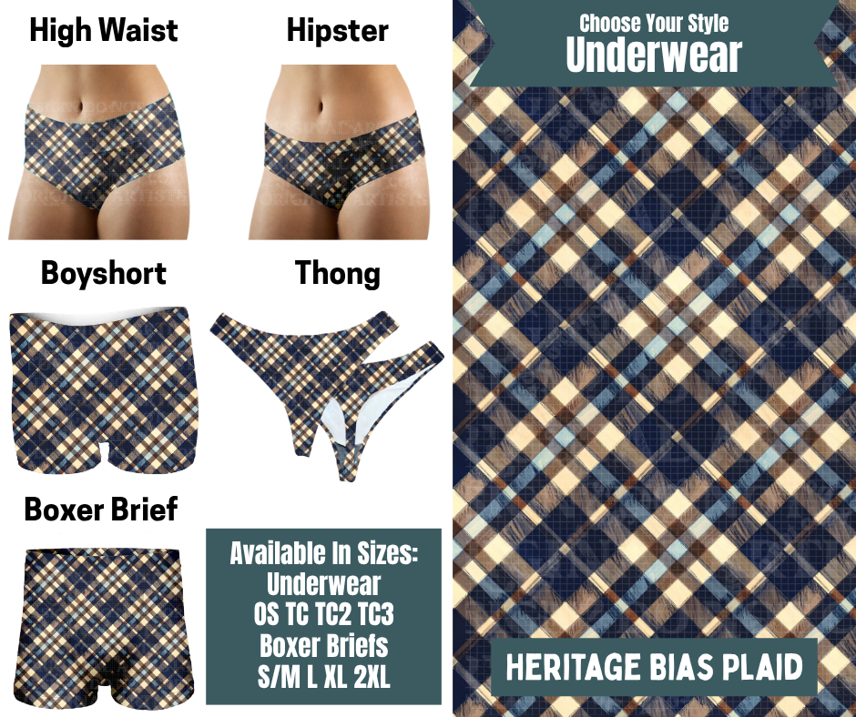Preorder! Closes 9/30. ETA Dec. Heritage Bias Plaid Hipster, High Waist, Boyshort, & Thong Underwear & Boxer Briefs