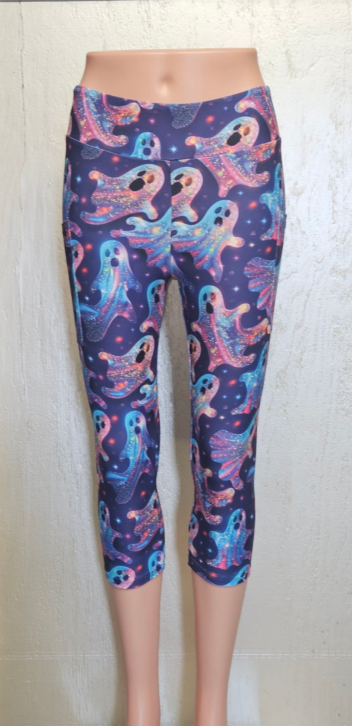 Neon Glitter Ghosts leggings, capris, and bike shorts with pockets
