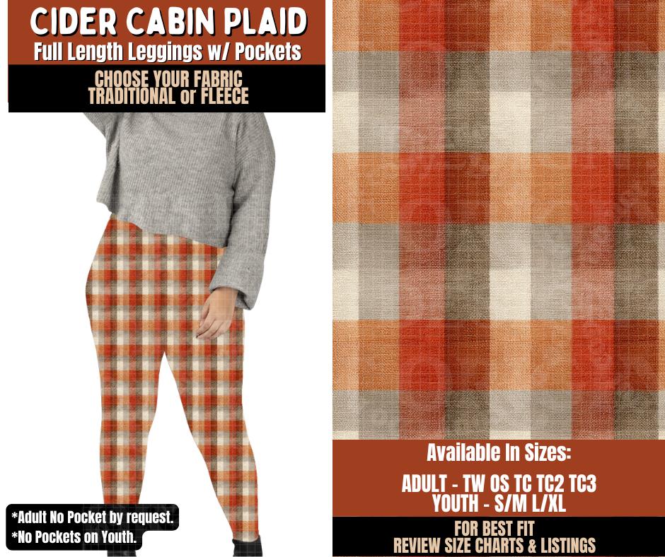 Preorder! Closes 7/20. ETA Oct. Cider Cabin Plaid Leggings Choose Fleece or Traditional