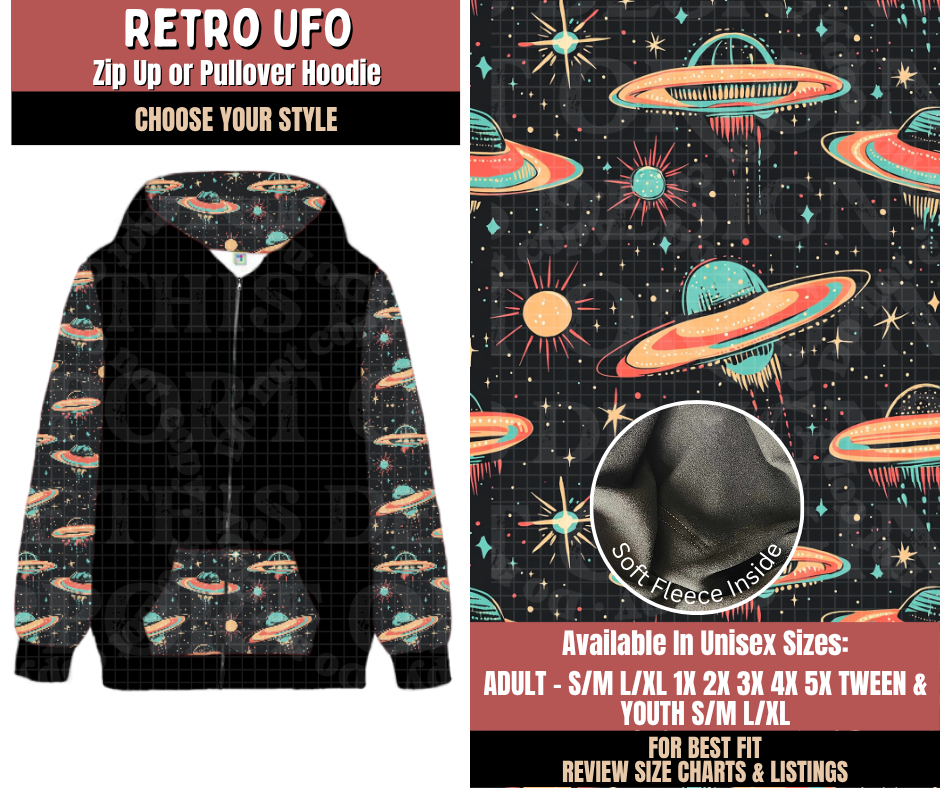Preorder! Closes 10/22. ETA Jan. Retro UFO Zip-Up or Pullover Hoodie