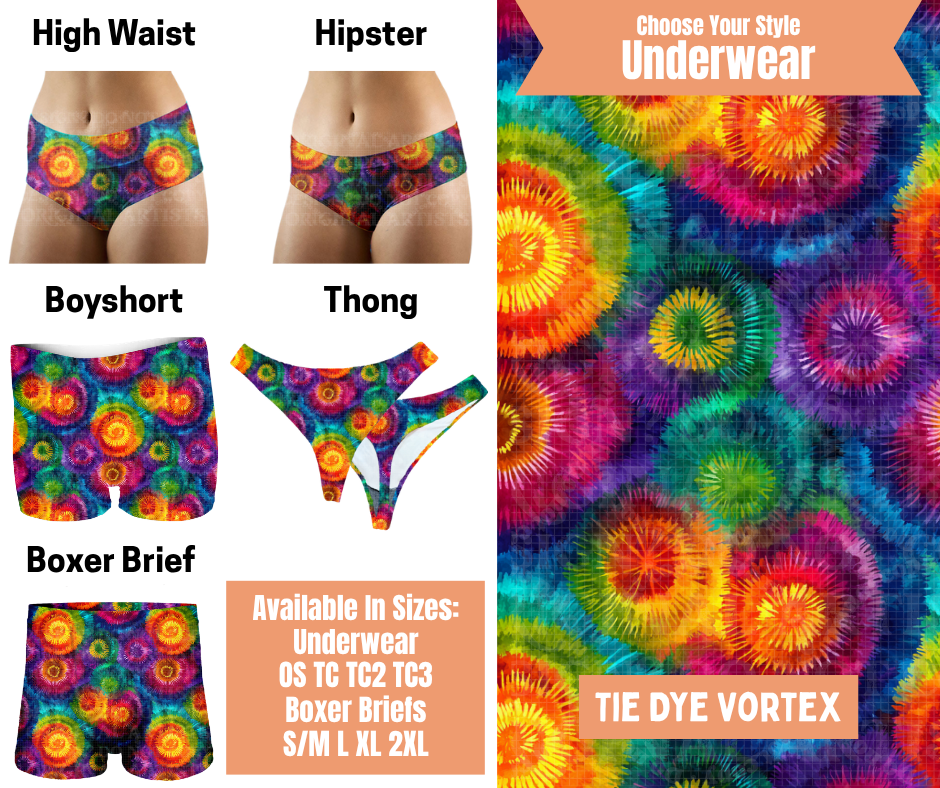 Preorder! Closes 11/5. ETA Feb. Tie Dye Vortex Hipster, High Waist, Boyshort, & Thong Underwear & Boxer Briefs