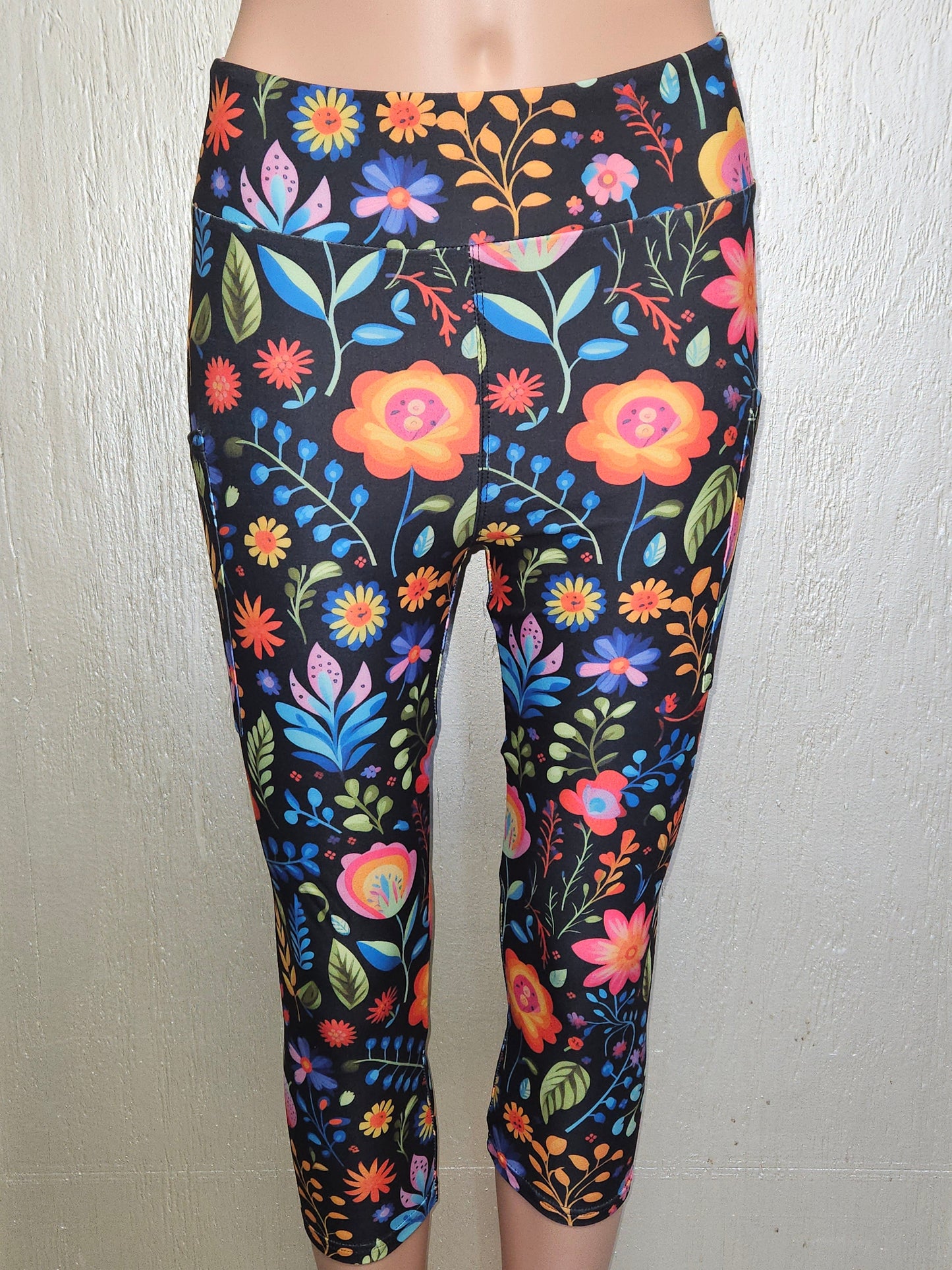Mexican Floral On Black capris and bike shorts