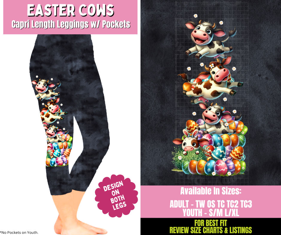 Preorder! Closes 1/21. ETA April. Easter Cows Capri Leggings w/ Side Leg Designs