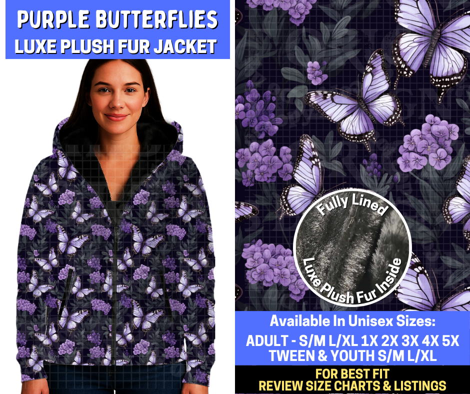 Preorder! Closes 10/29. ETA Jan. Purple Butterflies Luxe Fur Jacket