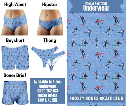 Preorder! Closes 8/26. ETA Nov. Frosty Bones Skate Club Hipster, High Waist, Boyshort, & Thong Underwear & Boxer Briefs