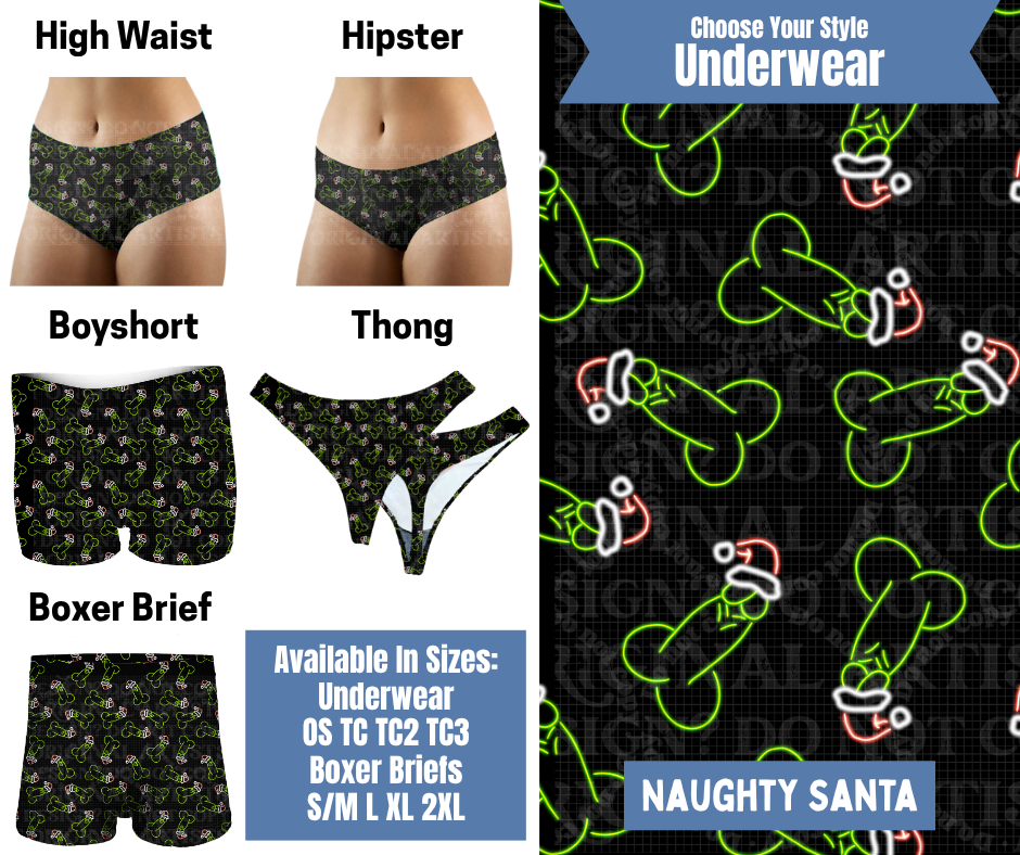 Preorder! Closes 8/26. ETA Nov. Naughty Santa Hipster, High Waist, Boyshort, & Thong Underwear & Boxer Briefs